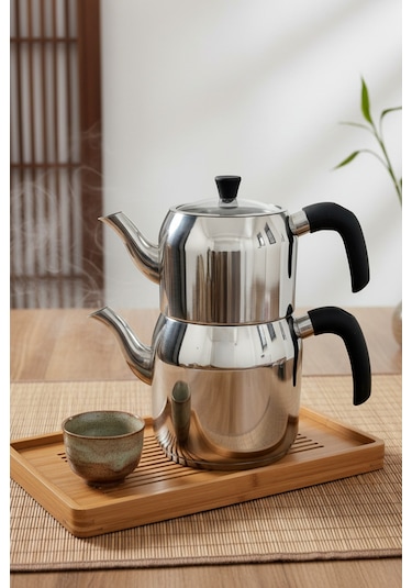 Yunusoğlu Home Hanzade Aile Boy Paslanmaz Çelik Çaydanlık Parlak Gümüş, Ergonomik Saplı, Yüksek Isı Dayanımlı Gri