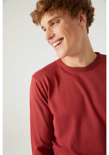 Regular Fit Nar Çiçeği Tüylenme Yapmayan Bisiklet Yaka Triko Kazak Narçiçeği