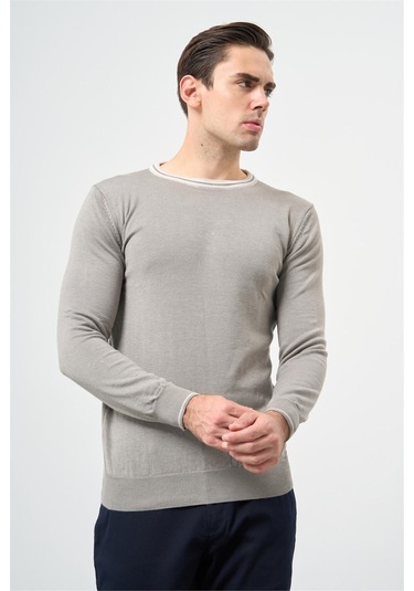 Gri Uzun Kol Düz Örme Bisiklet Yaka Classic Slim Fit Triko 1012245108 Gri