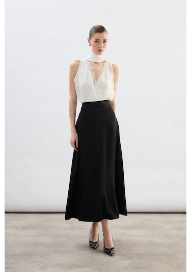 Sateen Yüksek Bel Saten Etek - Siyah-136783 Siyah