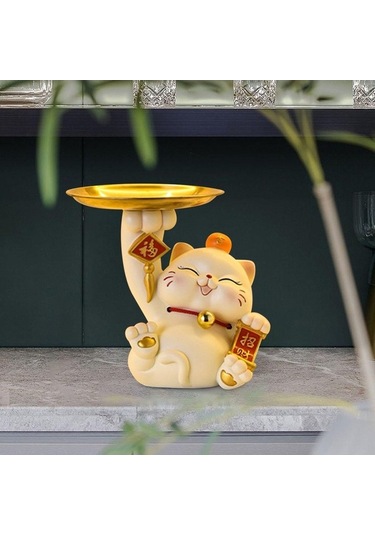 Trendooze Şanslı Kedi Heykeli Mini Depolama Tepsisi - 13x10,5x15,5 Cm, Unik Tasarım 13cmx10,5cmx15,5cm