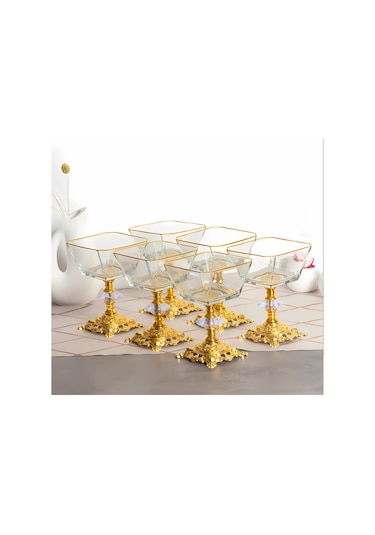 Assa Bazaar Karen 6 Parça Ayaklı Cam Sunumluk Set Dondurmalık Çerezlik Magnolia Cup Altın