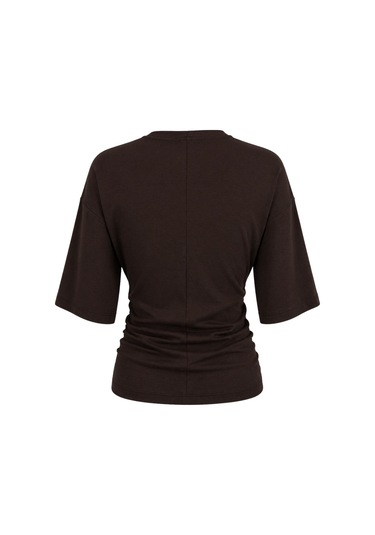 Mixray 2102 Kadın Modal Büzgü Detaylı Dökümlü Soft T-shirt Kahve Kahverengi