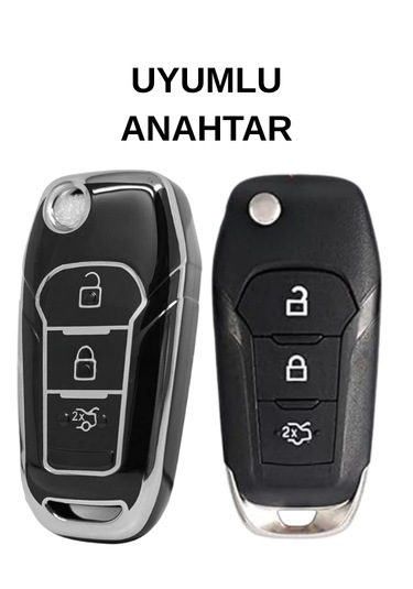Ford Focus 4 Ecosport Fiesta Puma Ranger Mondeo Kuga 3 Buton Nano Anahtar Kılıfı Siyah-gümüş