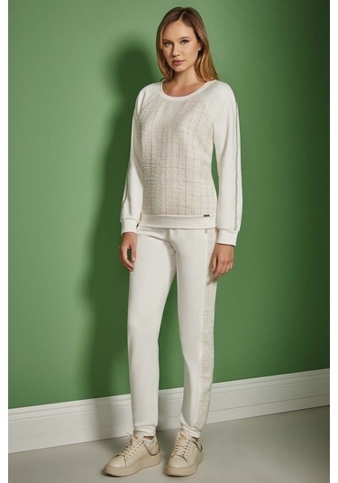 Reglan Kollu Ekru Üç İplik Sweatshirt Ekru