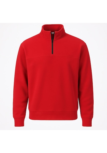 Classics Men Unisex Relax Fit Rahat Kesim Pamuklu Yarım Fermuarlı Dik Yaka Sweatshirt Kırmızı Kırmızı