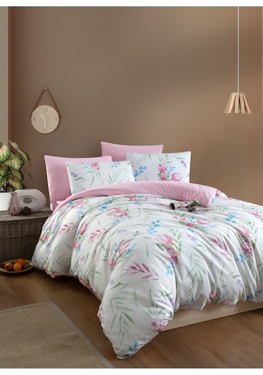 Mystory Home  Lastikli Çarşaflı Çift Kişilik Nevresim Takımı Tulip Pembe - Yeşil