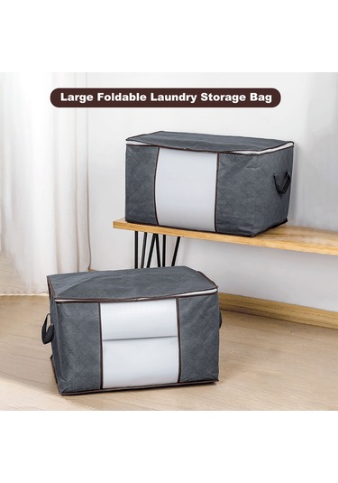 Hangfox Büyük Boy Katlanabilir Çamaşır Ve Oyuncak Saklama Çantası - 3'lü Set, Sağlam Fermuarlı Ve Şeffaf Pencere Gri