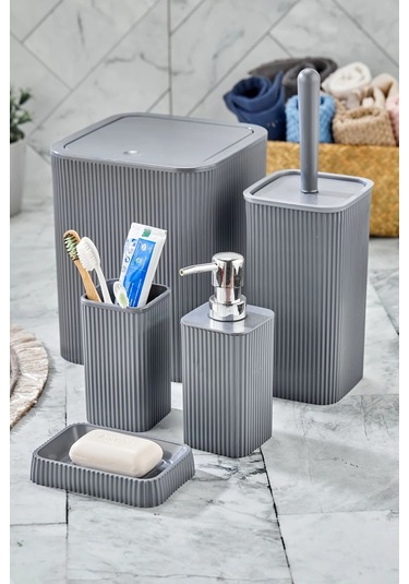 Line 5 Parça Kare Banyo Seti - Çöp Kovası Wc Fırçası Sıvı-katı Sabunluk Diş Fırçası Antrasit
