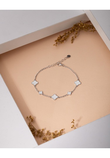 925 Ayar Rodyum Beyaz Mineli Yonca Charm Gümüş Bileklik Gümüş - Rodyum