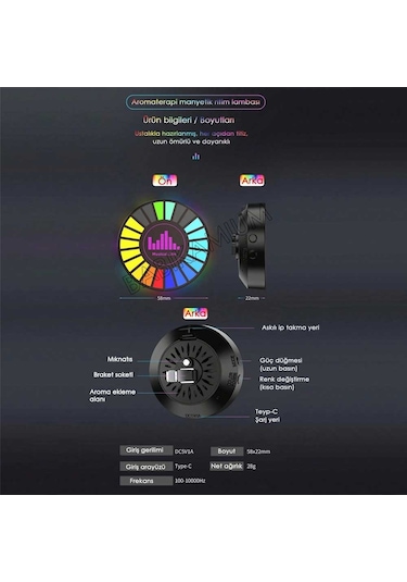 Rgb Sese Duyarlı Ritim Animasyonlu Müzik Ekolayzer 22 Ledli Şarjlı Kokulu Led Disk