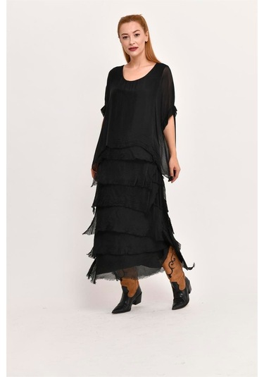 İtalyan 2 Beden İnce Gösteren Yarım Kol Kat Kat Ipek Elbise Siyah