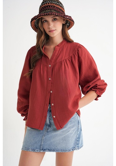 4733 Kadın Büzgü Robalı Uzun Kol Müslin Gömlek Kızılcık Kızılcık 4733 Kadın Büzgü Robalı Uzun Kol Müslin Gömlek Kızılcık Kızılcık