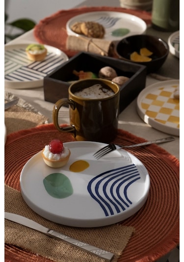 Kevin Seramik Hand Made Modern 6 Kişilik Pasta Tabak Seti &Tatlı Tabak Takımı Beyaz - Yeşil