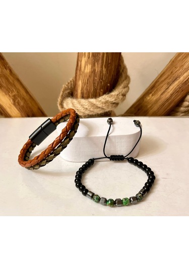 %100 Deri&hematit 3lü Erkek Bileklik Set 21 Cm Türk El Üretimi