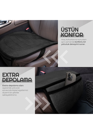 Otom Premium Ön Koltuk Minderi Yüksek Kalite Keten Ekstra Cepli Siyah