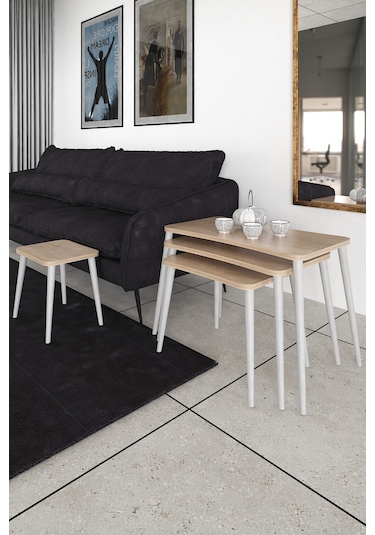 Selen 4lü Zigon Sehpa Ahşap Beyaz Ayaklı Salon Seti Çay Sehpası Sonomo