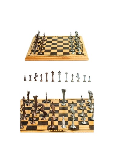 Mc52 Metal Satranç Takımı El Yapımı Doğal Ahşap Kayın Tahta Antik Metal Taşlar