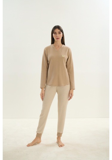 Kadın V Yaka Uzun Kol Bej Pijama Takım C0t8n0o61 001