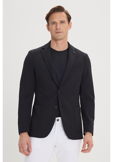 Ac&Co / Altınyıldız Classics Erkek Sıyah Slim Fit Dar Kesim Mono Yaka Casual Ceket Sıyah Siyah