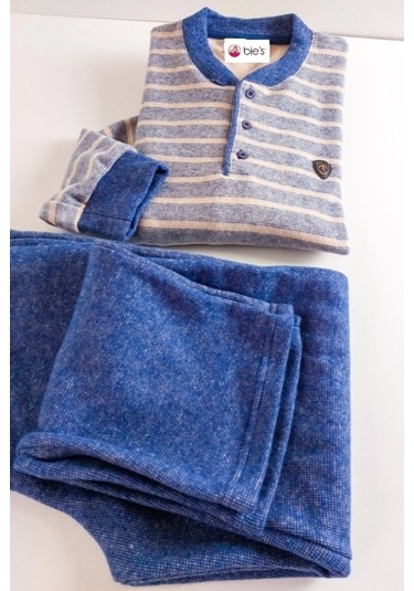 Erkek 3 Düğme Çizgili Kışlık Pamuklu Selanik Kumaş Uzun Manşetli Kol Cepli Pijama Takımı Mavi-gri