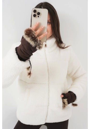 5178 Astarlı Peluş Mont - Beyaz Beyaz