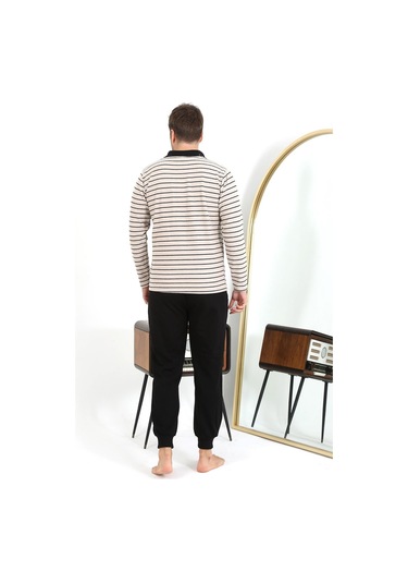 Akbeniz Erkek Polo Yaka Uzun Kol Penye Pijama Takımı 6862 Krem Krem