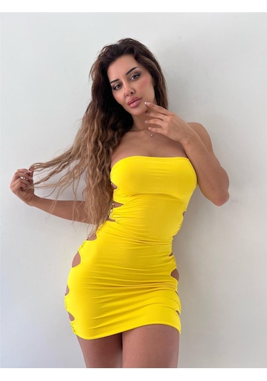 Pink Life Sarı Mikro Kumaş Straplez Toka Detaylı Tasarım Elbise-Sarı