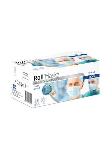 Roll Lastikli Cerrahi Maske 50 Adet 3 Katlı