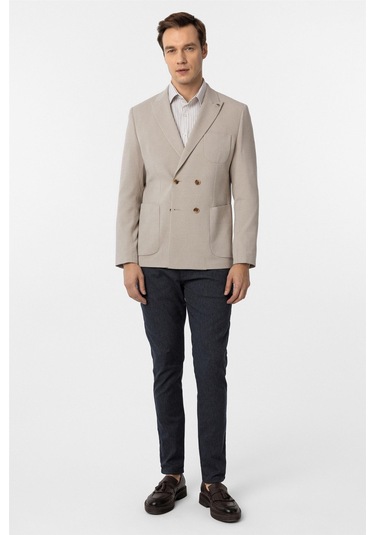 Süvari Bej Slim Fit Baskılı Kruvaze Yaka 6 Drop Ceket