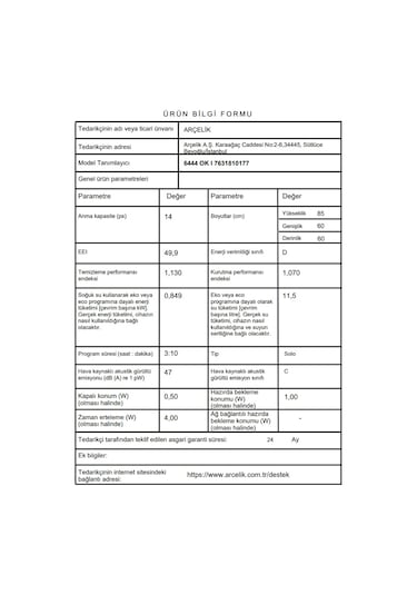 Arçelik 6444 OK I 4 Programlı 14 Kişilik Bulaşık Makinesi