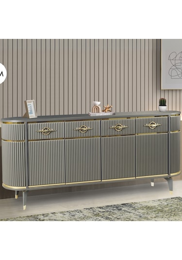Maya Antrasit Gold Lüks Konsol 4 Kapak Oval Gövde Pramit Ayaklı 180x45x84 Cm Antrasit - Gold