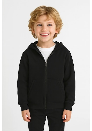 Kız - Erkek Çocuk Basic Fermuarlı Kalın 3 İplik Kışlık Okul Sweat Ak1815 Siyah