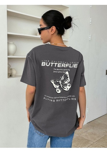 Füme Oversize Butterflies T-shirt - Oversize Baskılı Gri