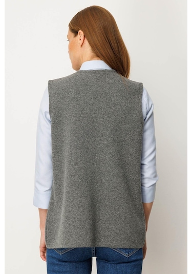 Desen Triko Kadın V Yaka Çelik Örgü Yün Anne Yelek 25044 Füme Füme