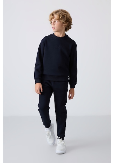 Lacivert Pamuklu Kalın İçi Tüylü Yumuşak Dokulu Standart Fit Nakışlı Erkek Çocuk Eşofman Takım - 11 Lacivert