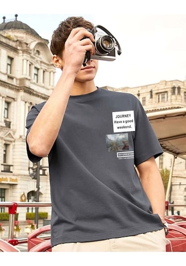 Füme Oversize Journey Baskılı T-shirt - Oversize Baskılı Gri