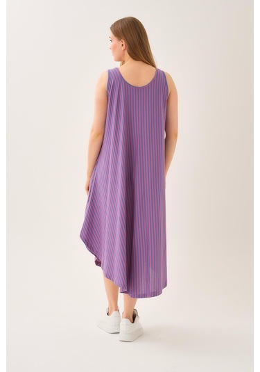 Asimetrik Kesim Çizgili Kolsuz Elbise Mor