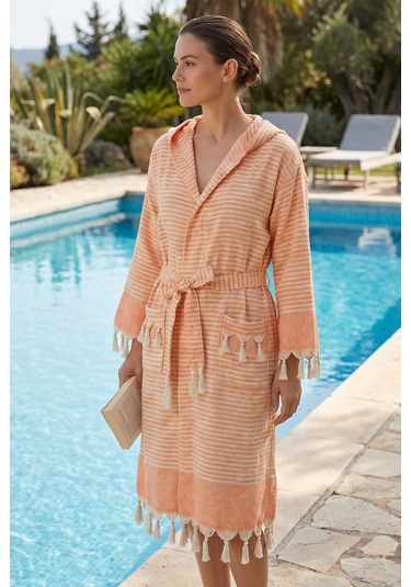 Kapşonlu Unisex Peştemal Plaj Bornozu %100 Pamuklu Seaside Stripe Turuncu
