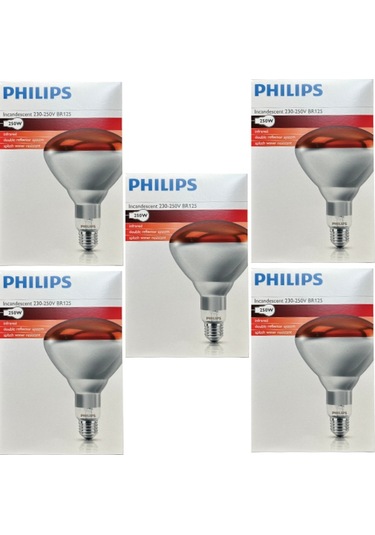 5 Adet Philips 250w Kızılötesi İnfrared Isıtıcılı Hayvan Isıtma Ve Fizik Tedavi Lambası Kırmızı Işık E27 Kalın Duy
