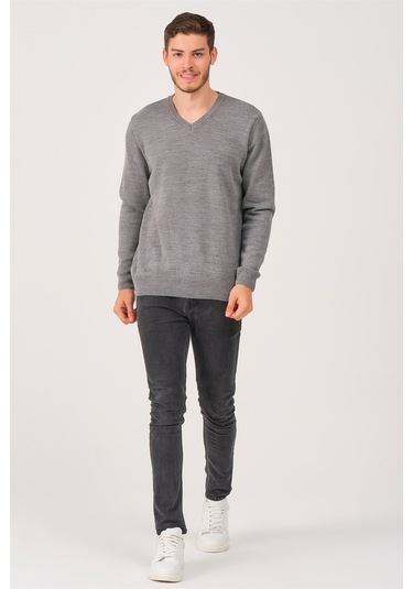V0036 Dewberry Erkek V-neck Kazak-gri Gri