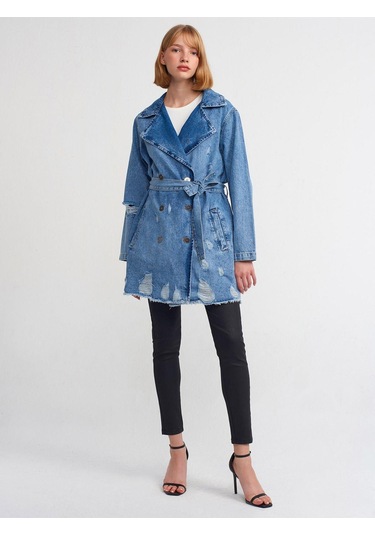 65336 Metal Düğmeli Denim Trençkot-mavi-977 Mavi