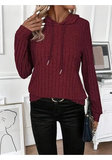 Sensuelle Kadın Uzun Kollu Kapşonlu Bağcıklı Şardonlu Kaşkorse Bluz Bordo