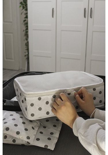 Adarya Home Puantiye Desen Valiz Düzenleyici Bavul İçi Organizer Set 6'lı Beyaz