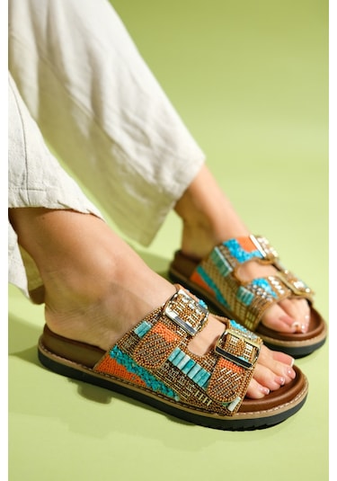 Luvishoes Lanso Taba Taşlı Çift Bantlı Kadın Terlik Taba
