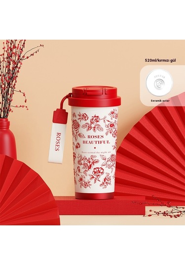 Kahve Fincanı Seramik Astar Hafif Lüks Yüksek Değerli İns Kızlar Taşınabilir 316 Paslanmaz Çelik Araba Termos Bardaklar Toptan 323 Çift İçecek Seramik Gül Kırmızı