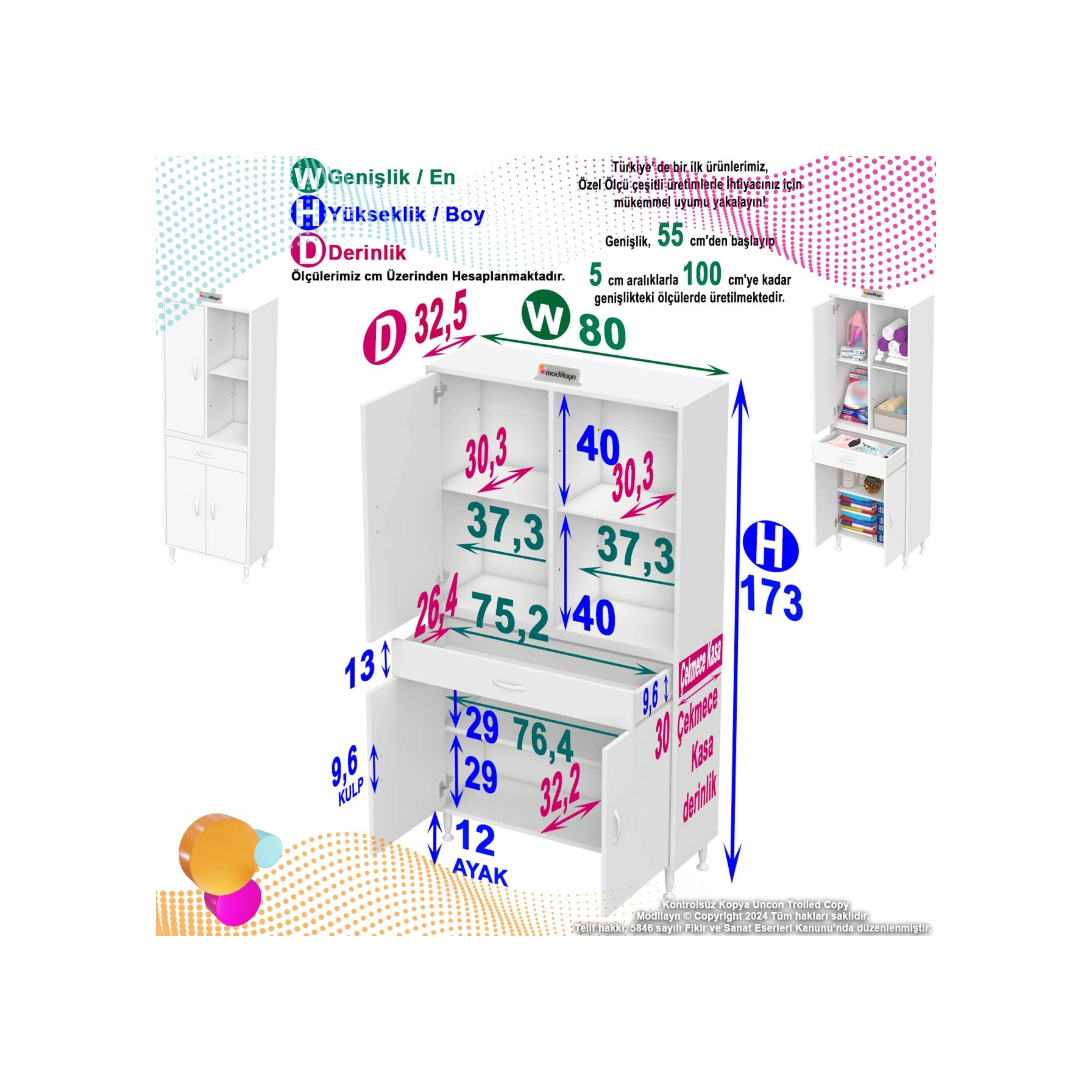 Kayra Banyo Ve Mutfak Dolabı Çok Amaçlı Dolap Tek Çekmece 3 Kapak 3 Raf 6 Bölme 80x173x32,5 Cm Beyaz
