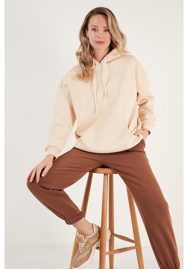 Lela Regular Fit Pamuklu Kapüşonlu Yaka Şardonlu Kışlık Bayan Sweat 5863854 Bej