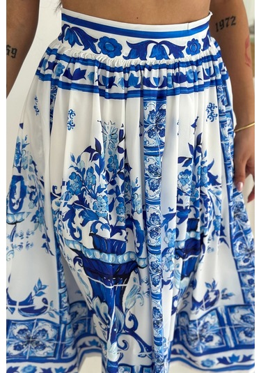 İthal Krep Kumaş Desenli Etek Mavi Mavi