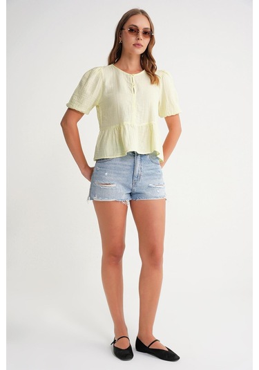 4713 Kadın Beli Büzgülü Kolu Lastikli Bol Müslin Bluz Pastel Sarısı Pastel Sarısı
